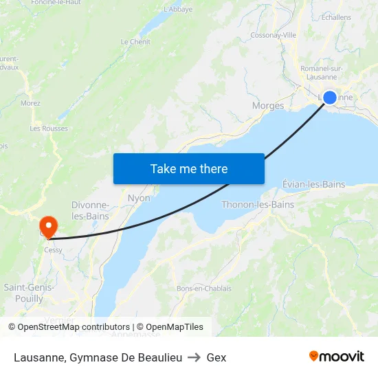 Lausanne, Gymnase De Beaulieu to Gex map