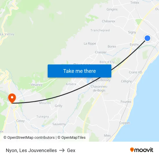 Nyon, Les Jouvencelles to Gex map