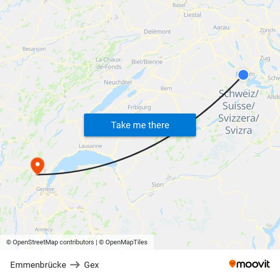 Emmenbrücke to Gex map