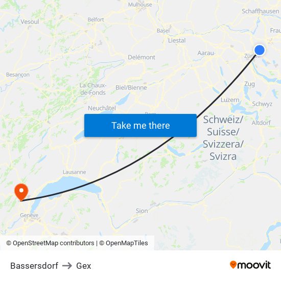 Bassersdorf to Gex map