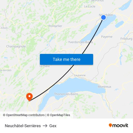 Neuchâtel-Serrières to Gex map