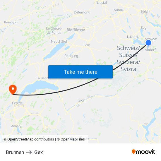 Brunnen to Gex map