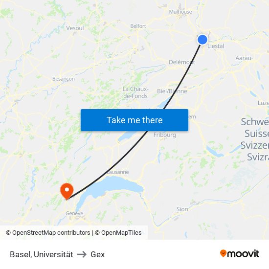 Basel, Universität to Gex map