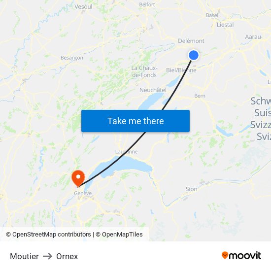 Moutier to Ornex map