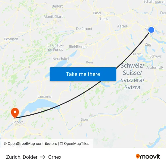 Zürich, Dolder to Ornex map