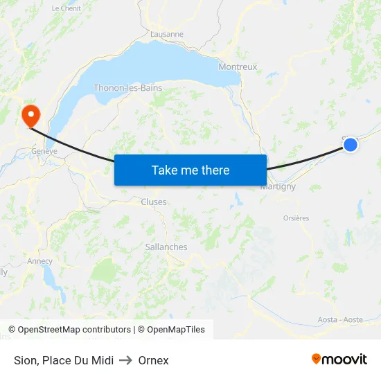 Sion, Place Du Midi to Ornex map