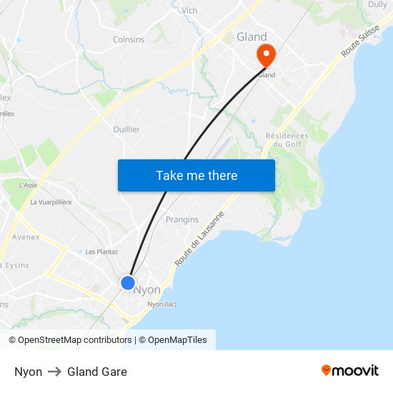Nyon to Gland Gare map