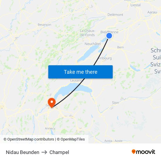 Nidau Beunden to Champel map