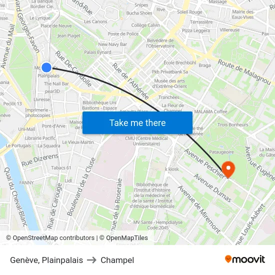 Genève, Plainpalais to Champel map