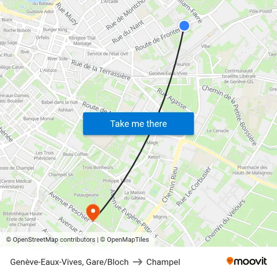 Genève-Eaux-Vives, Gare/Bloch to Champel map