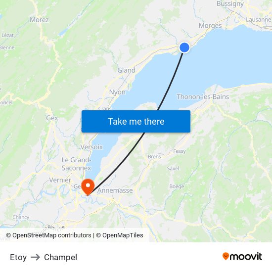 Etoy to Champel map