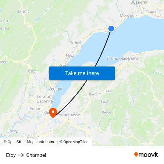 Etoy to Champel map