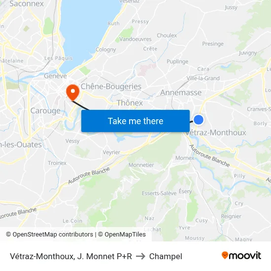 Vétraz-Monthoux, J. Monnet P+R to Champel map