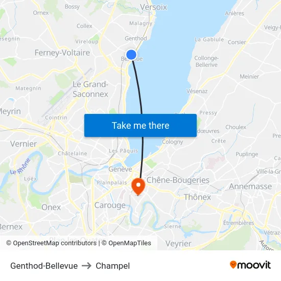 Genthod-Bellevue to Champel map