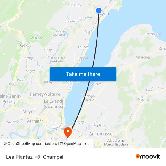 Les Plantaz to Champel map