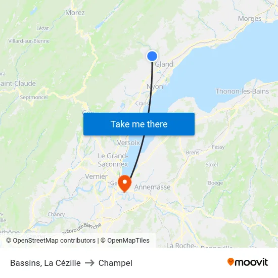 Bassins, La Cézille to Champel map