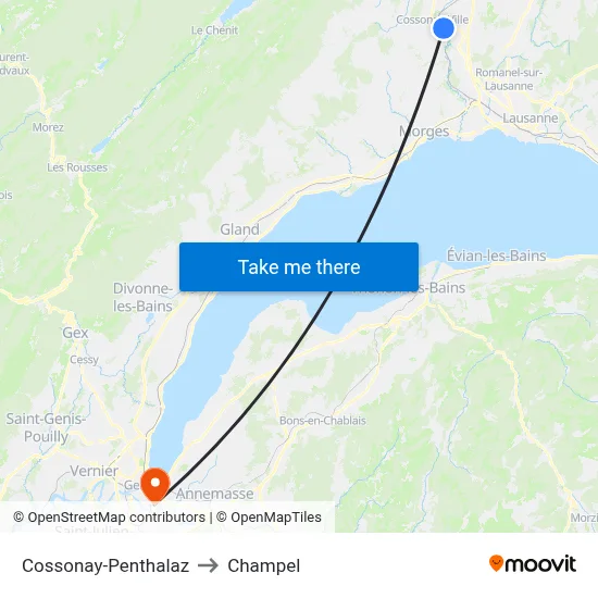 Cossonay-Penthalaz to Champel map