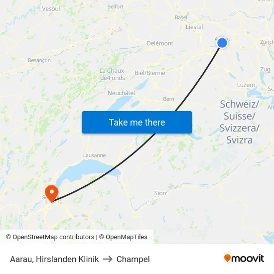 Aarau, Hirslanden Klinik to Champel map