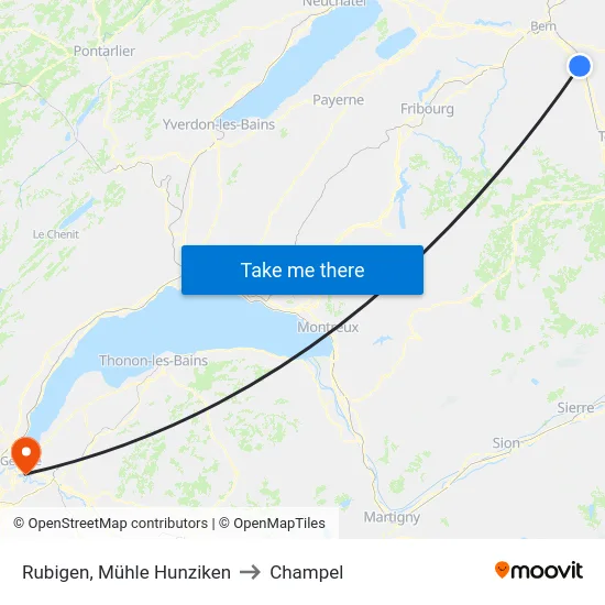 Rubigen, Mühle Hunziken to Champel map