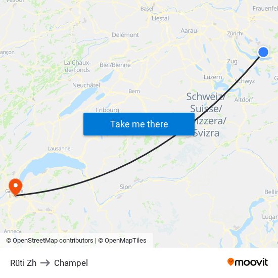 Rüti Zh to Champel map