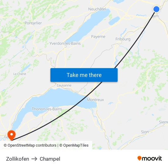 Zollikofen to Champel map