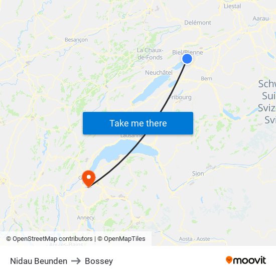 Nidau Beunden to Bossey map