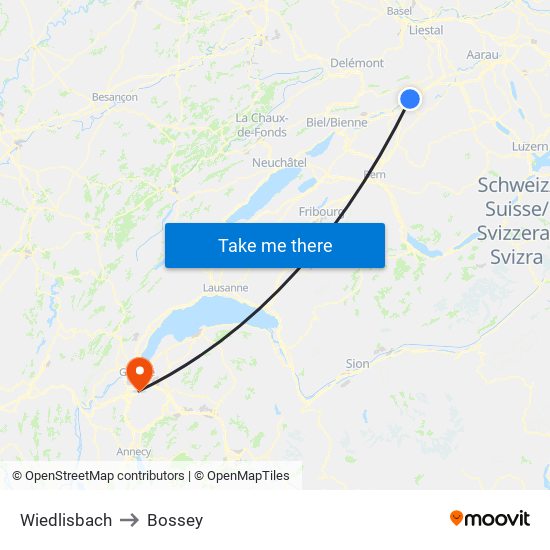Wiedlisbach to Bossey map