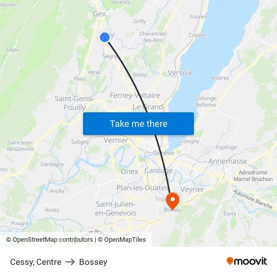 Cessy, Centre to Bossey map