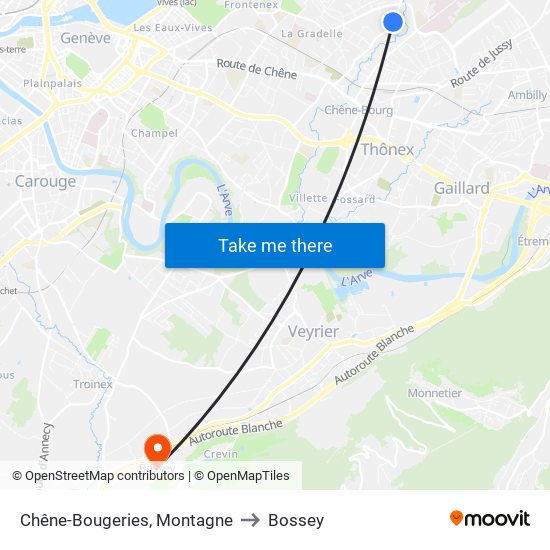 Chêne-Bougeries, Montagne to Bossey map