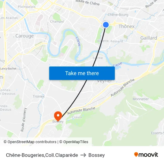 Chêne-Bougeries,Coll.Claparède to Bossey map