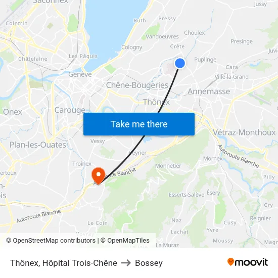 Thônex, Hôpital Trois-Chêne to Bossey map