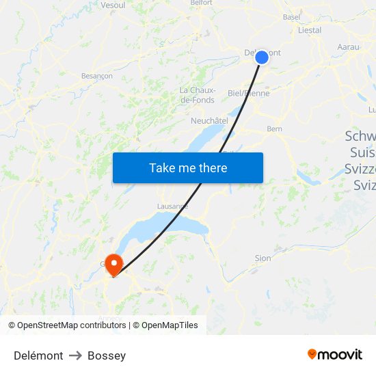 Delémont to Bossey map