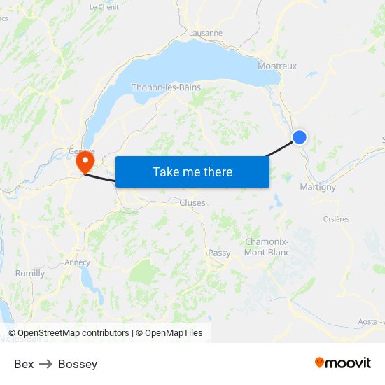Bex to Bossey map