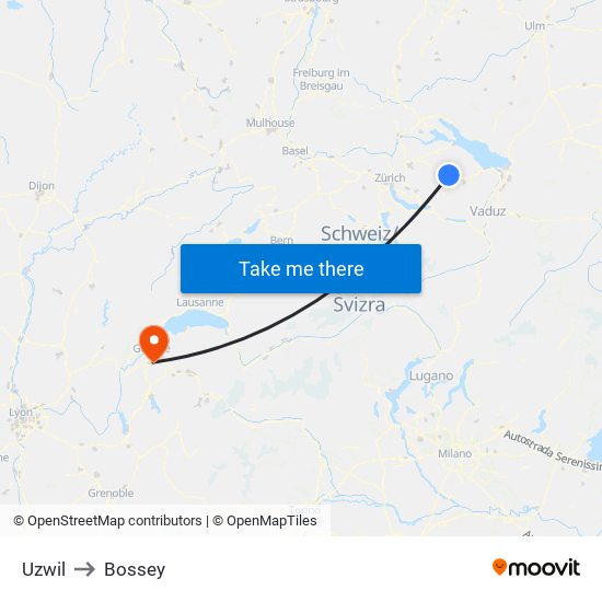 Uzwil to Bossey map