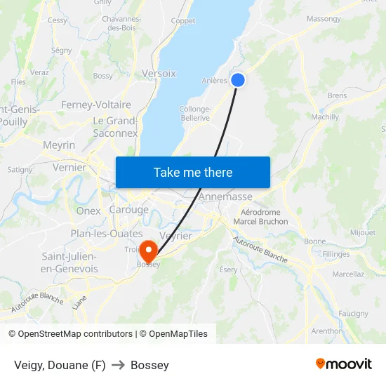 Veigy, Douane (F) to Bossey map