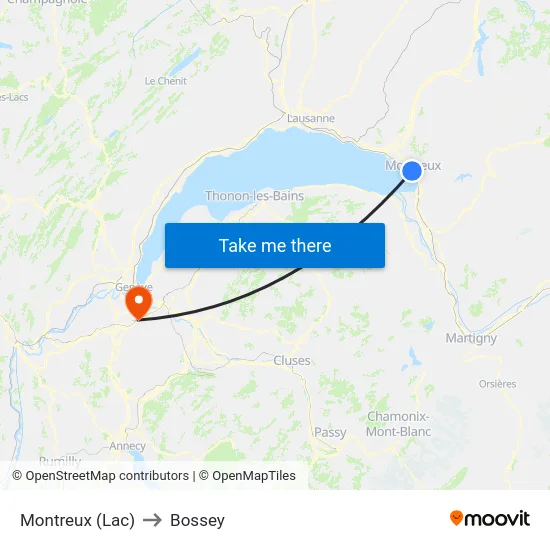 Montreux (Lac) to Bossey map