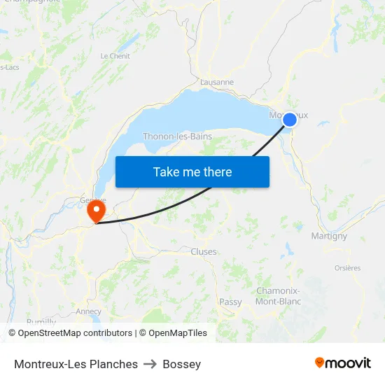Montreux-Les Planches to Bossey map