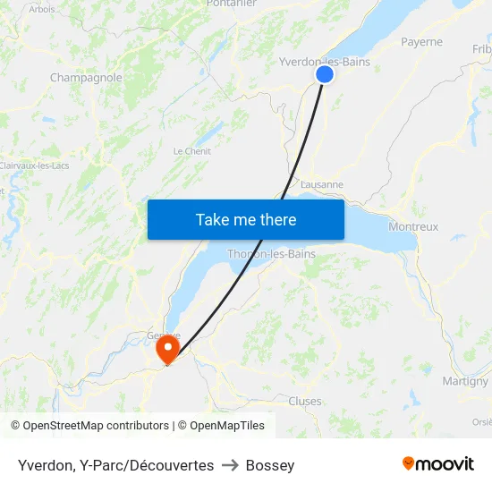Yverdon, Y-Parc/Découvertes to Bossey map