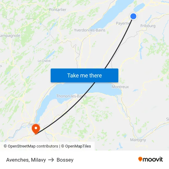 Avenches, Milavy to Bossey map