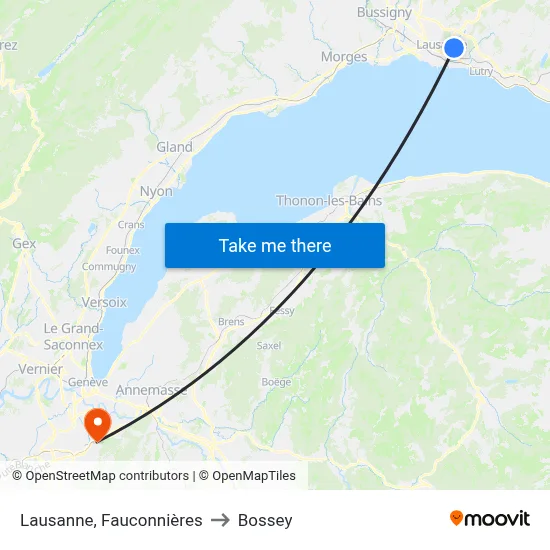 Lausanne, Fauconnières to Bossey map