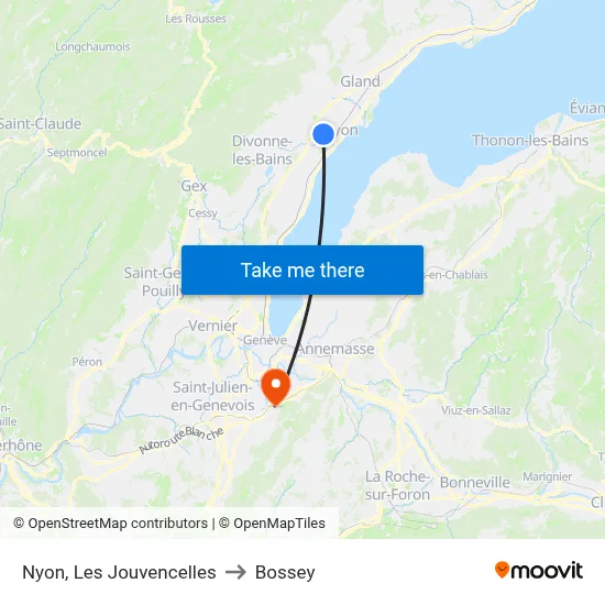 Nyon, Les Jouvencelles to Bossey map