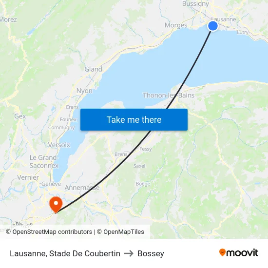 Lausanne, Stade De Coubertin to Bossey map