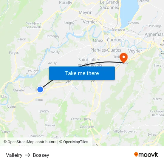 Valleiry to Bossey map