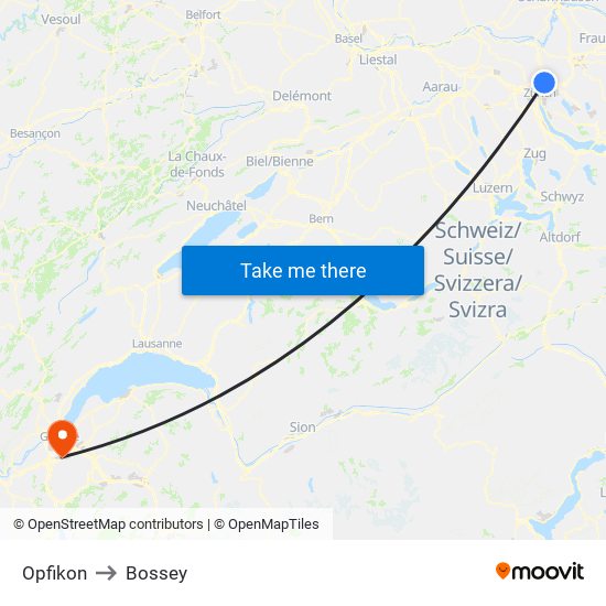 Opfikon to Bossey map