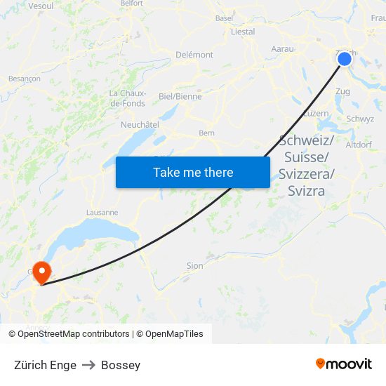 Zürich Enge to Bossey map