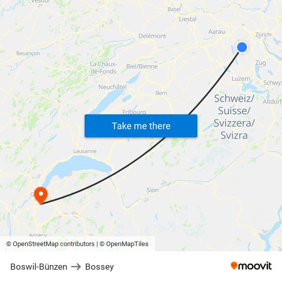 Boswil-Bünzen to Bossey map