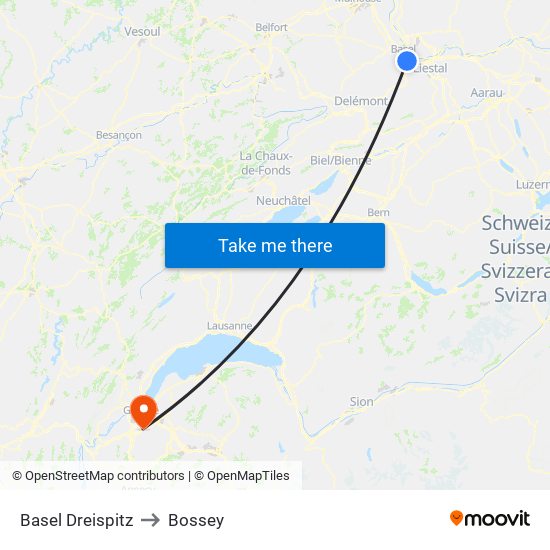 Basel Dreispitz to Bossey map