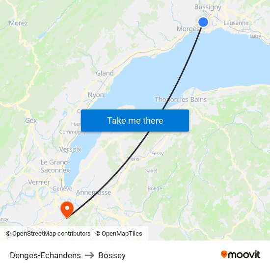 Denges-Echandens to Bossey map