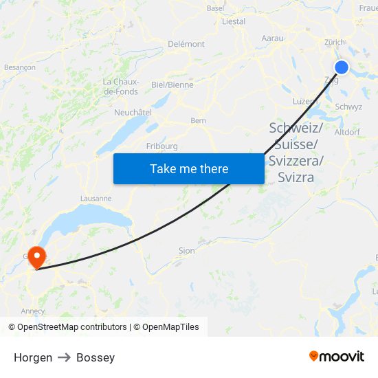 Horgen to Bossey map