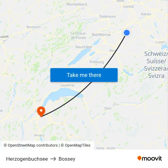 Herzogenbuchsee to Bossey map